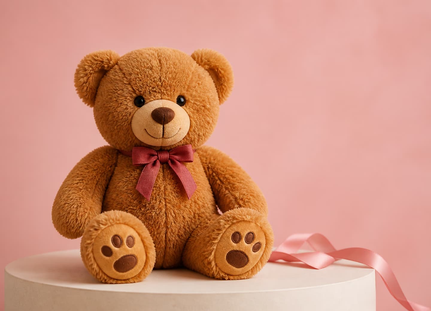 Caramel teddy bear with a rose ribbon